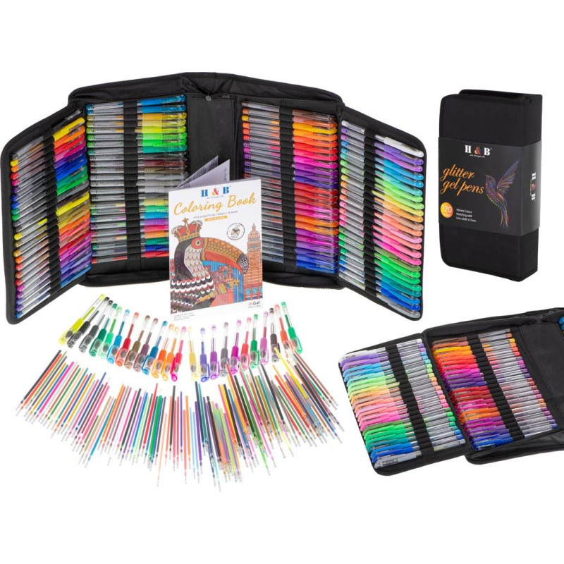 Krāsainas želejas pildspalvas korpusā 120 gab. + 120 uzpildes flakoni