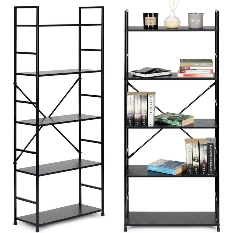 Plats koka grāmatu skapis, moderns LOFT, 5 plaukti, melns