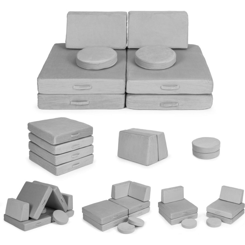 Ecotoys Large foldable modular sofa for children DIY, 8 soft pillows - gray ECOTOYS