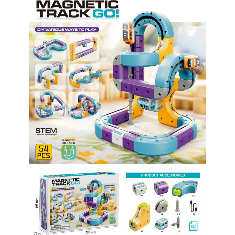 Klocki magnetyczne konstrukcyjne tor wyścigowy auta 54 elementy