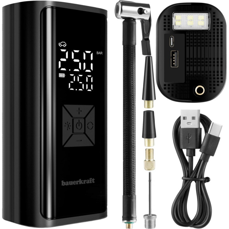 Bauerkraft Pompka rowerowa elektryczna kompresor do opon powerbank 6000mAh latarka LED