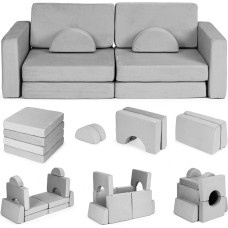 Ecotoys Large 2-seater modular foldable sofa for children DIY with 10 soft pillows - gray ECOTOYS