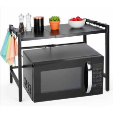 Virtuves plaukts virs mikroviļņu krāsns regulējams metāla organizators 6 pakaramie