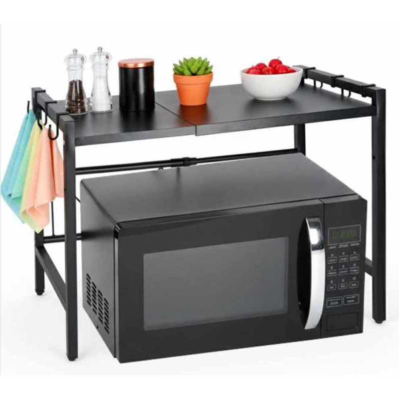 Virtuves plaukts virs mikroviļņu krāsns regulējams metāla organizators 6 pakaramie