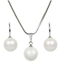 Rotu komplekts - LEVIEN - SET-041 - Kaklarota un auskari - Baltas sintētiskās pērles - Rhodium apšuvuma metāls