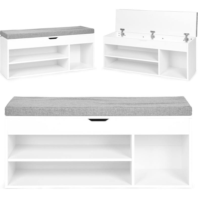 Modernhome Shoe Cabinet with Grey Cushion and Lift-Up Seat &ndash; 3 Shelves White ModernHome