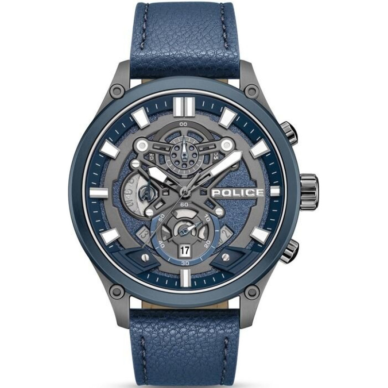 Pulksteņi - POLICE - Wadden - 46mm - Ūdensizturība 5ATM - Zila āda