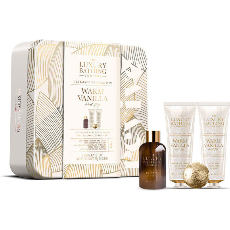 The Luxury Bathing Company Siltā vaniļa 4‑daļu dāvanu komplekts skārda kārbā