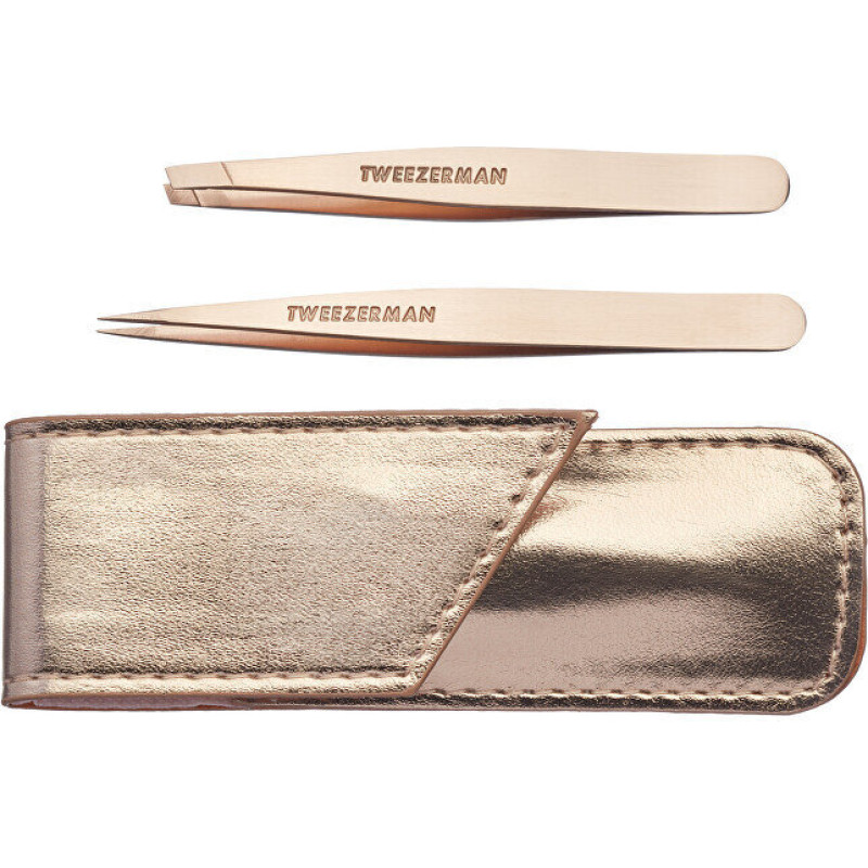 Pincešu komplekts Tweezerman Rosegold Petite: smails pincete, 1 gab. + slīps pincete, 1 gab. + maciņš