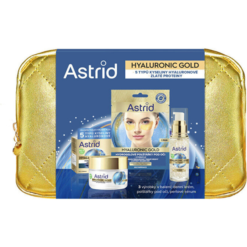 Ādas kopšanas komplekts Astrid Hyaluronic Gold pret grumbām, nostiprinošs un mitrinošs