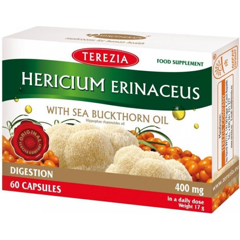Uztura bagātinātājs Terezia Hericium Erinaceus sēne ar smiltsērkšķu eļļu, 60 kapsulas