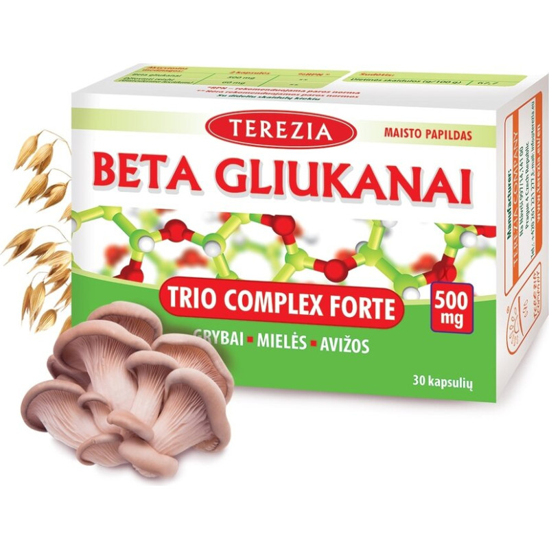 Uztura bagātinātājs Terezia Beta-glikāns Trio komplekss Forte, 500 mg, 30 kapsulas