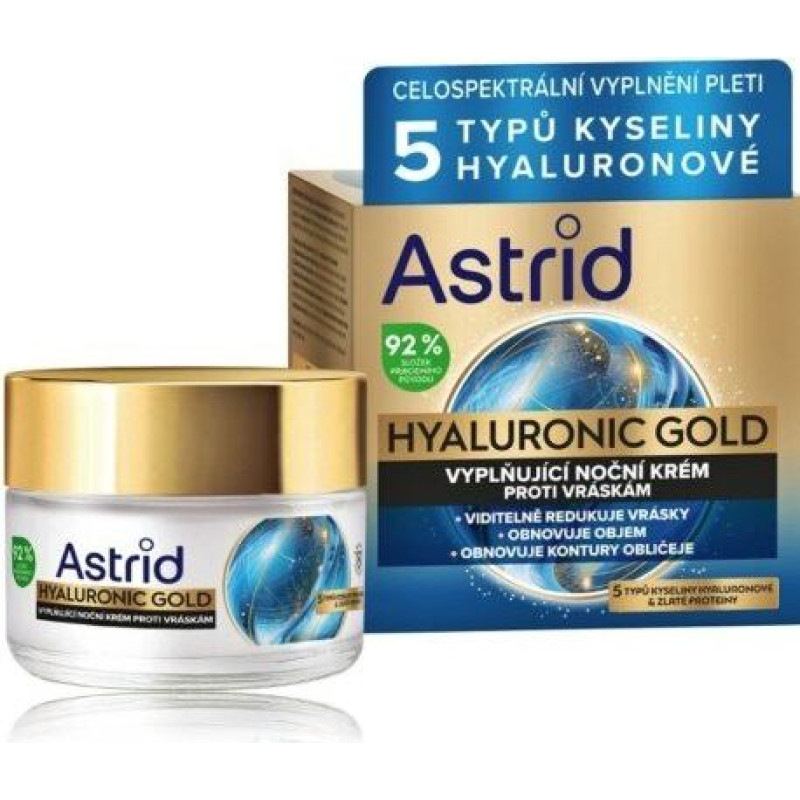 Nakts krēms Astrid Hyaluronic Gold pret grumbām, nostiprinošs, 50 ml
