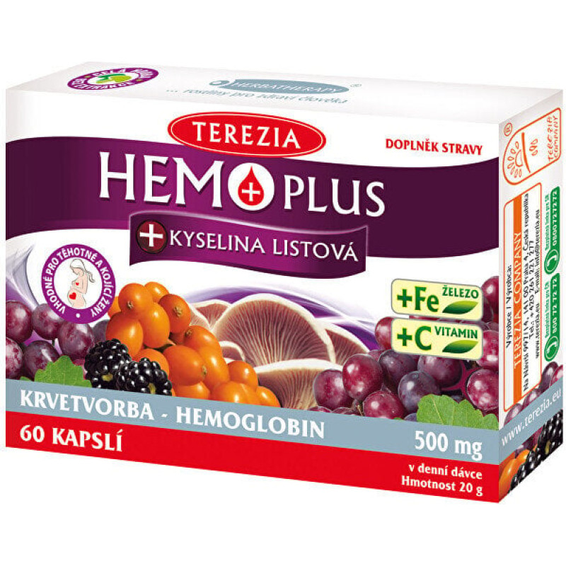 Uztura bagātinātājs ar C vitamīnu, dzelzi un folskābi. Hemo Plus + Folic Acid, Terezia, 60 kaps.