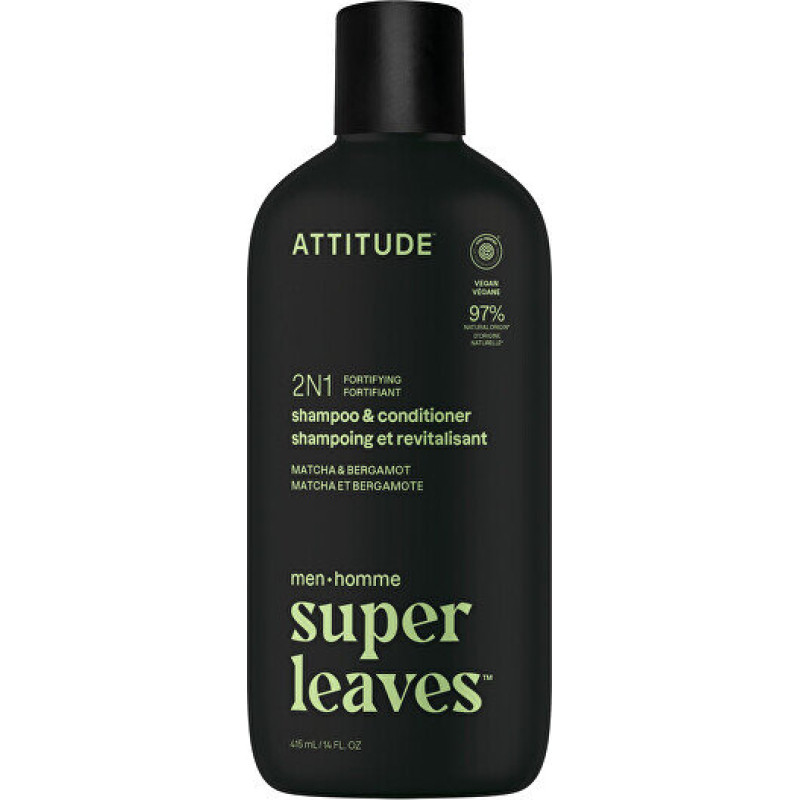Attitude Super Leaves 2in1 atjaunojošs šampūns un kondicionieris vīriešiem ar maču un bergamotes eļļu, 415 ml