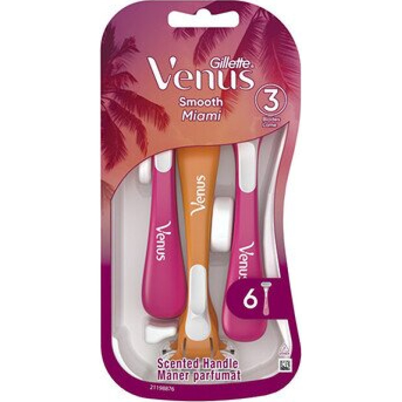 Vienreizējie skuvekļi Gillette Venus Smooth Miami, ar 3 asmeņu rotējošu galviņu, 6 gab.