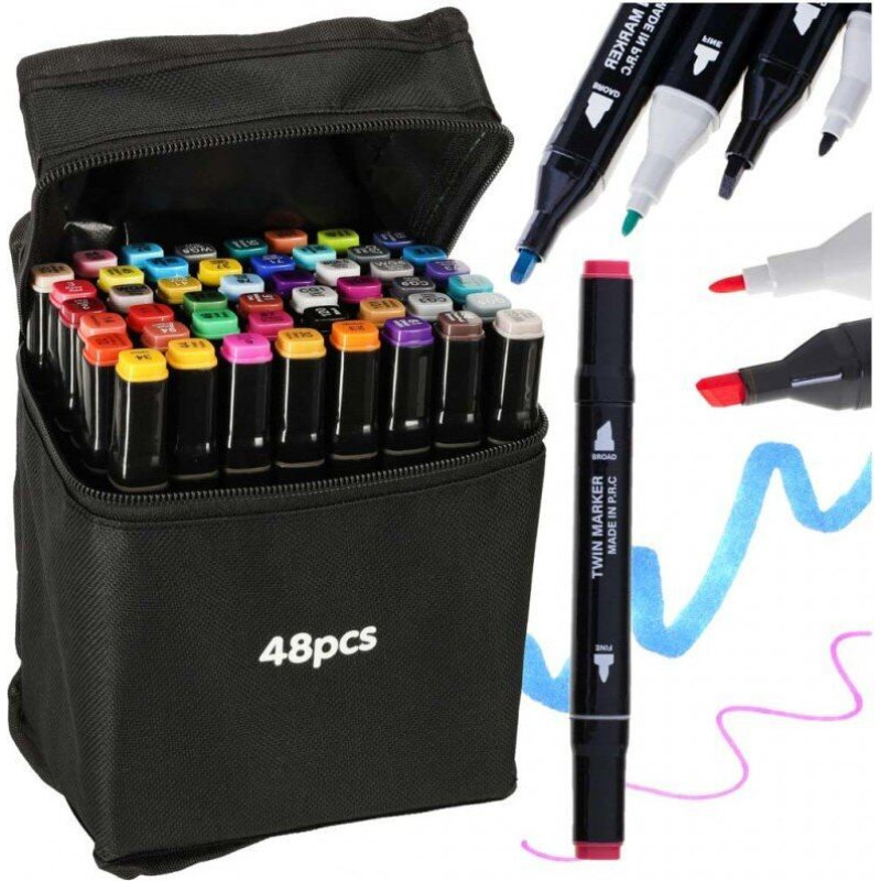 Divpusēji spirta marķieri maciņā, 48 + statīvs