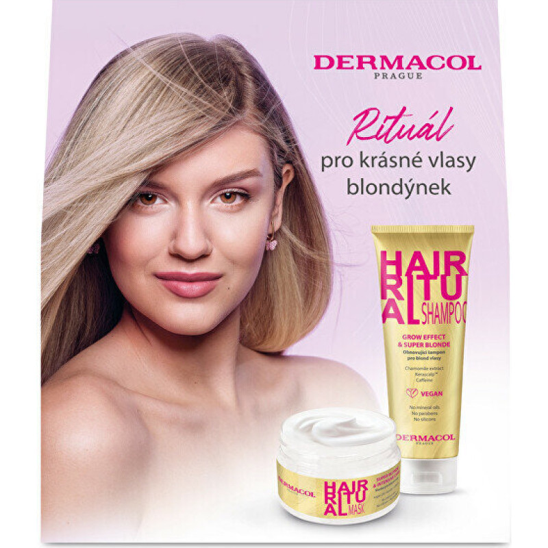 Matu kopšanas komplekts gaišiem matiem Dermacol Hair Ritual Blonde: šampūns Grow Effect & Super Blonde Shampoo, 250 ml + matu maska ​​Super Blonde & Intensive Care Mask, 200 ml