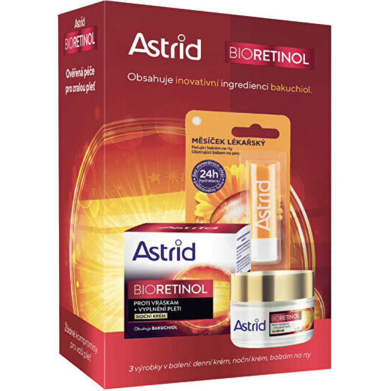 Komplekts Astrid Bioretinol sievietēm: dienas krēms, 50 ml + nakts krēms, 50 ml + lūpu balzams, 4,8 g