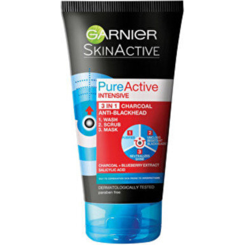 3 in 1 Black Pure Active (Intensive Charcoal Anti-Blackhead) sejas maska, 150 ml