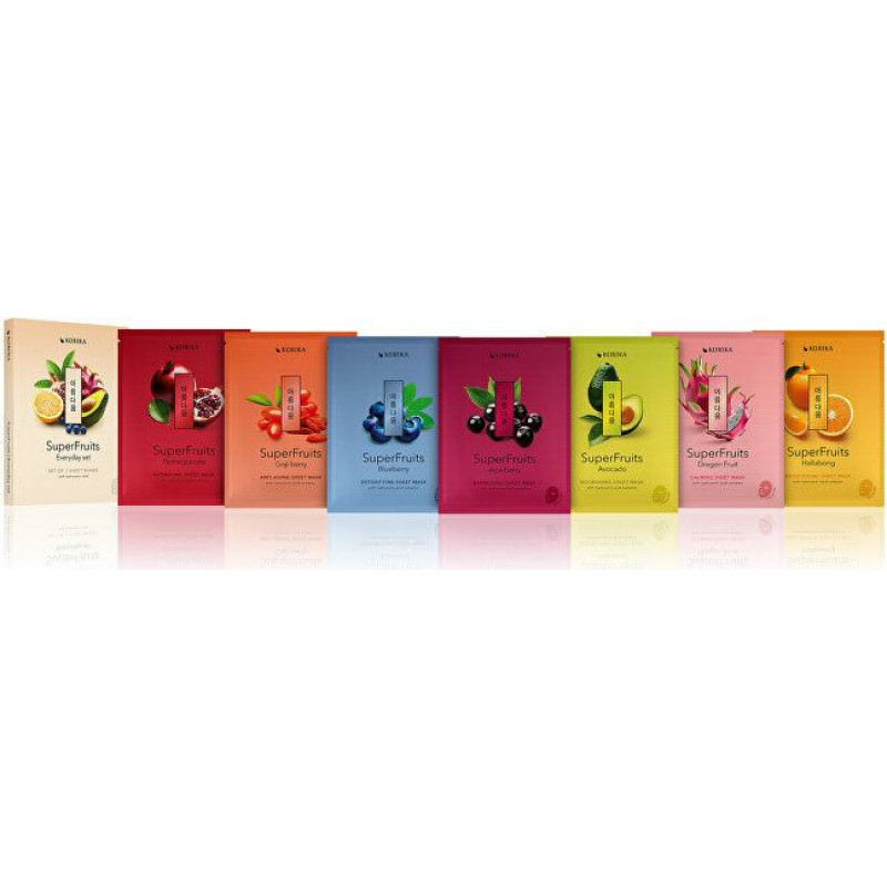 Dāvanu komplekts Korika SuperFruits ikdienas komplekts ar 7 sejas loksnīšu maskām mitrinošs barojošs nostiprinošs