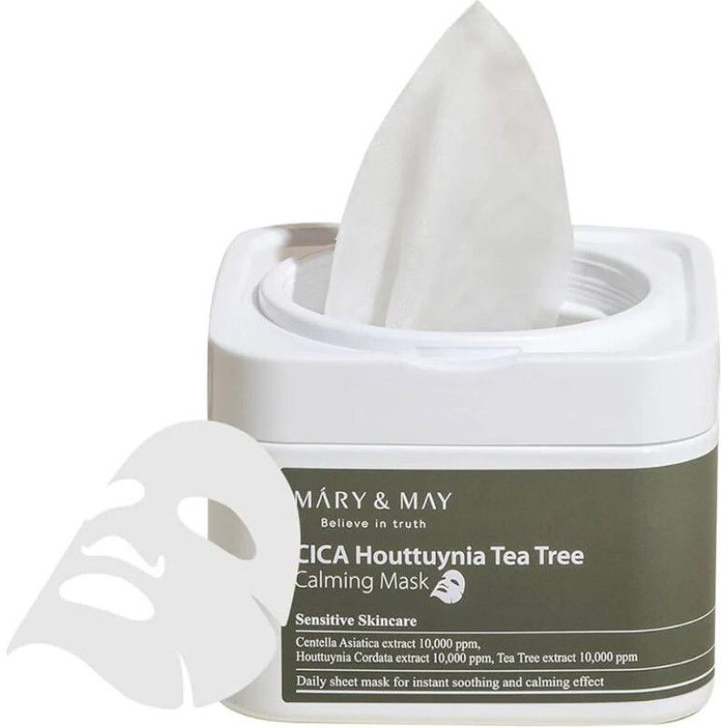 Nomierinoša lokšņu sejas maska ​​Mary & May Cica Houttuynia Tea Tree ar centellu un tējas koku, 30 gab.