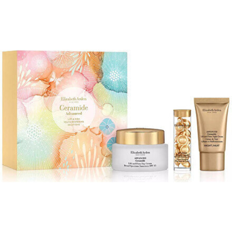 Komplekts ādas kopšanai Elizabeth Arden Ceramide Lift & Firm sievietēm: dienas krēms SPF15, 50 ml + atjaunojošs serums, 14 kaps. + nakts krēms, 15 ml