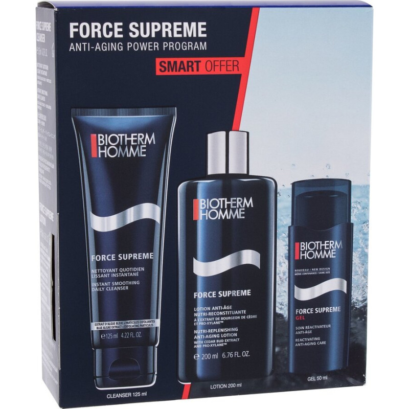 Komplekts vīriešiem Biotherm Homme Force Supreme Anti-Aging: skūšanās želeja 50 ml + sejas attīrošs līdzeklis 125 ml + sejas losjons 200 ml