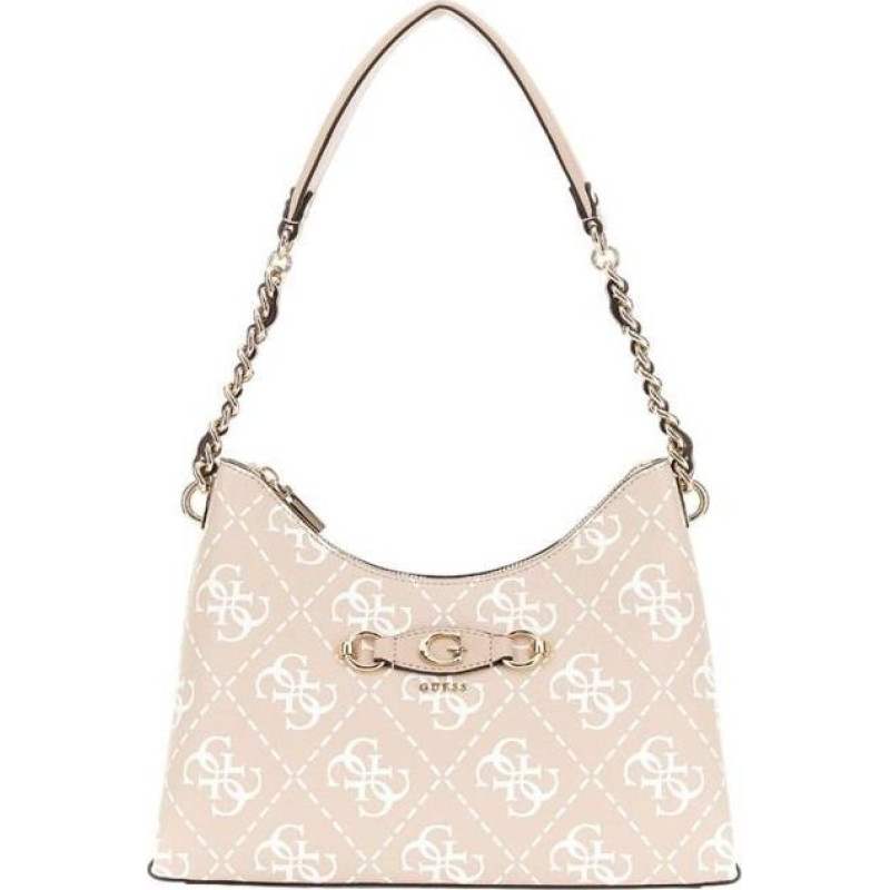 GUESS Beigais baltais pleca somas sievietēm - Izzy Top Zip pleca soma ar smilšu logo 293473