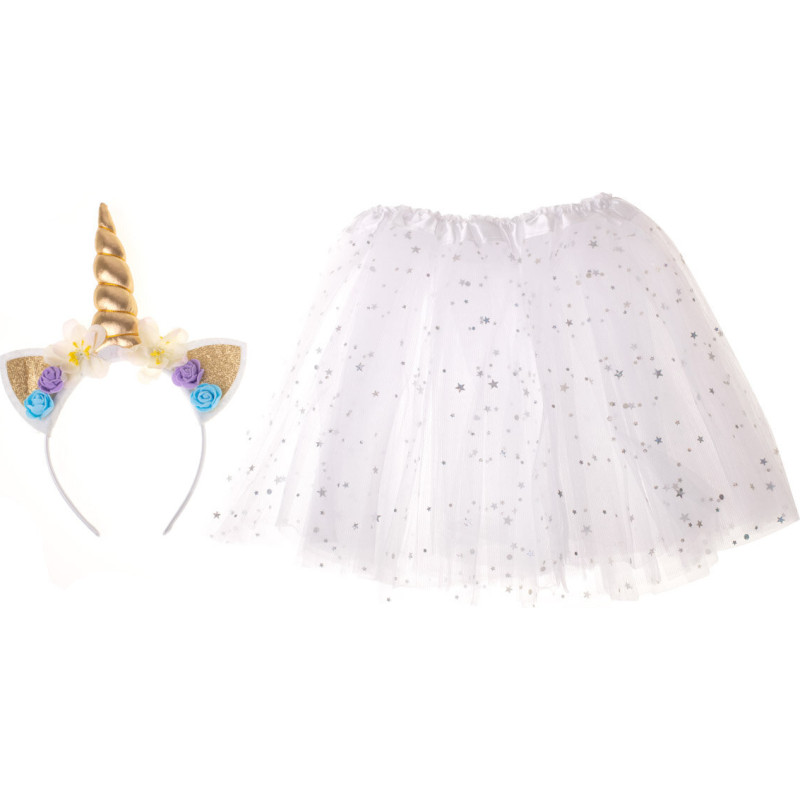 Vienaragio karnavalinis kostiumas galvos apdangalas + sijonas baltas 3-6 metų amžiaus