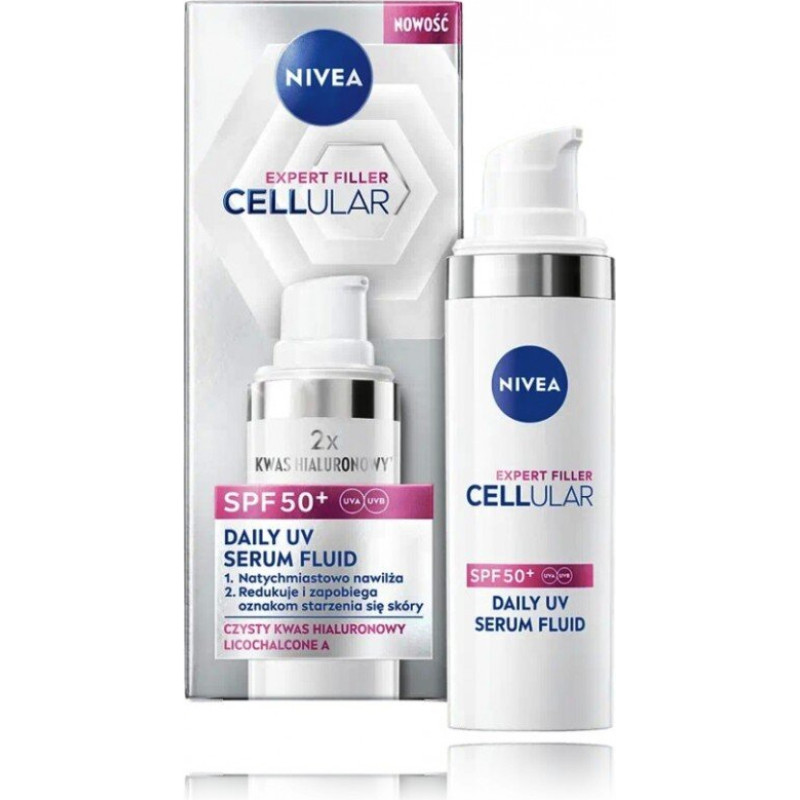 Sejas SPF krēms NIVEA Cellular Expert Filler SPF50+ mitrinošs pretnovecošanās seruma šķidrums
