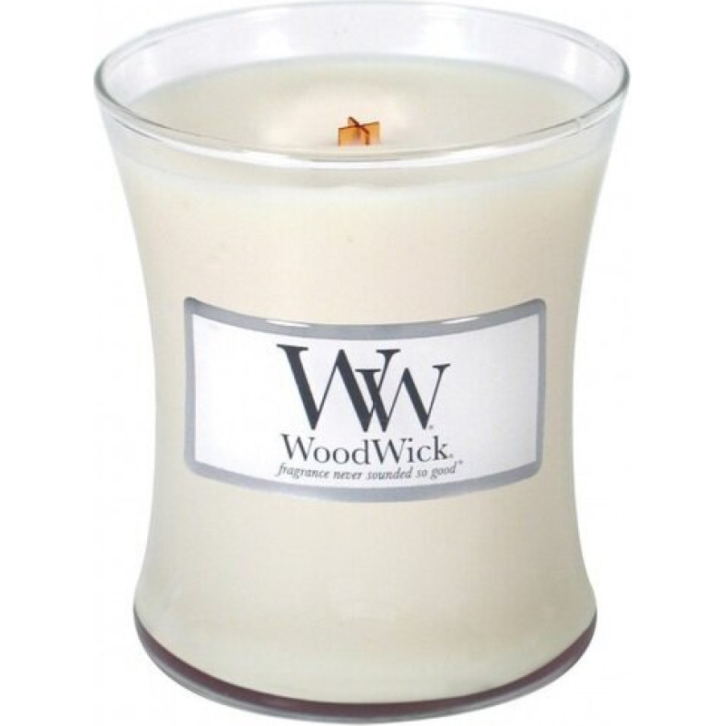 Woodwick vidēja aromatizēta svece burkā ar šņācošu vītnīti, vaniļas pāksts, degšanas laiks līdz 60'