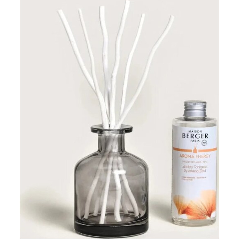 Niedru aromāta difuzors Maison Berger Paris Aroma Energy, pelēka stikla, ar mirdzošu citrusaugļu aromātu, 200 ml