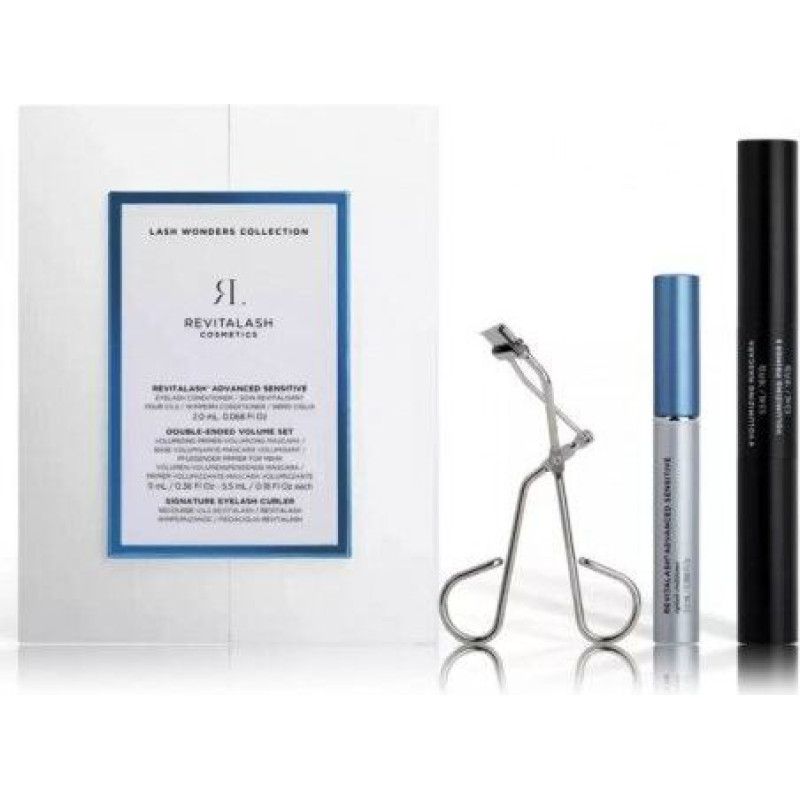 Skropstu pieaudzēšanas kopšanas komplekts RevitaLash Lash Wonders kolekcija jutīgs serums + bāze un skropstu tuša + skropstu rullītis