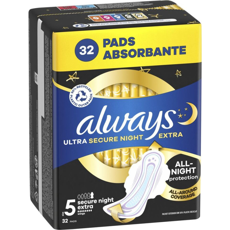 Higiēniskās paketes Always Ultra Secure Night Extra Size 5, 32 gab.