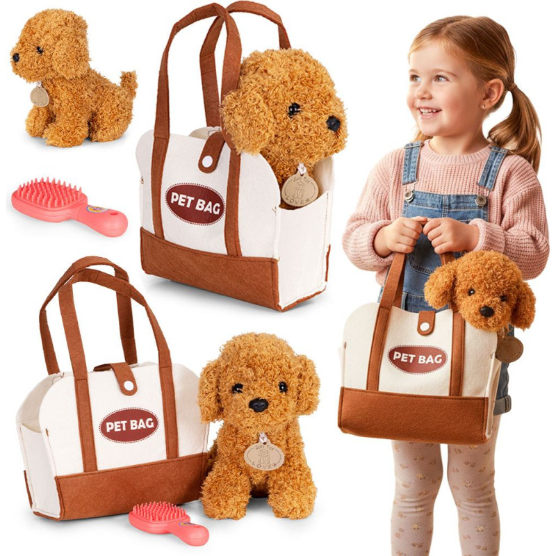 Multistore Plush Puppy in Bag Brown Poodle Toy for Children + Grooming Brush