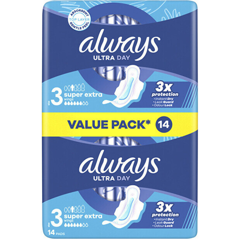 Always Ultra Day Super Extra Duo higiēniskās paketes, 14 gab. – trīskārša aizsardzība pārliecinātām dienām