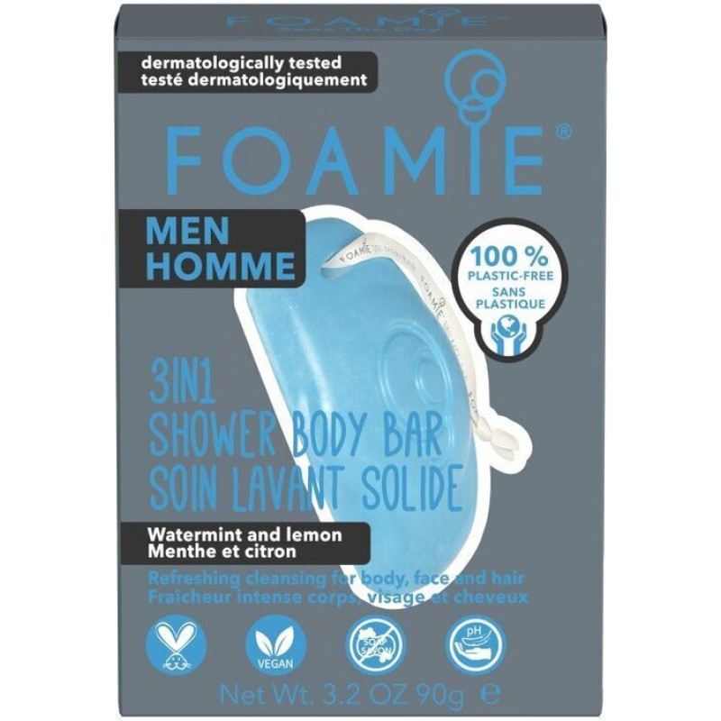 Mitrinošas un atsvaidzinošas cietās dušas ziepes ķermenim, sejai un matiem Foamie 3in1 Shower Bar For Men Seas The Day (With Watermint)