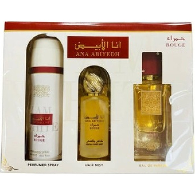 Lattafa Perfumes Ana Abiyedh Rouge D&aacute;rkov&aacute; sada EDP 60 ml, deospray 200 ml a vlasov&aacute; mlha 50 ml