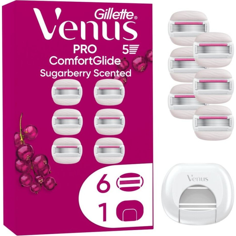 Nomaiņas skuvekļa asmeņi Gillette Venus Pro ComfortGlide Sugarberry, 6 gab., ar 5 asmeņiem, sausai ādai