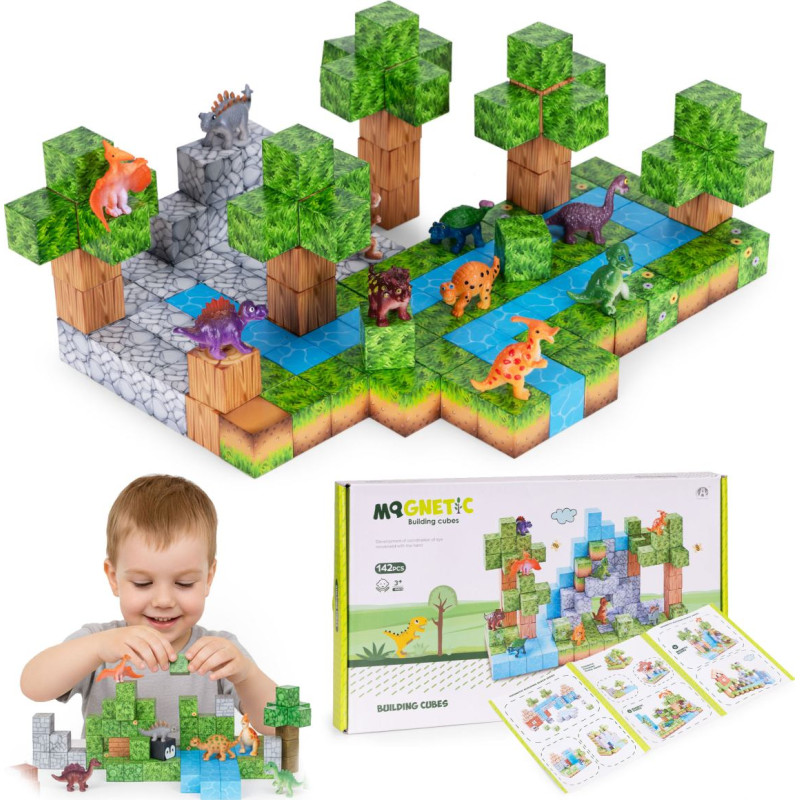 Multistore Magnetic Construction Blocks Set for Children 142 Pieces Cubes Dinosaurs