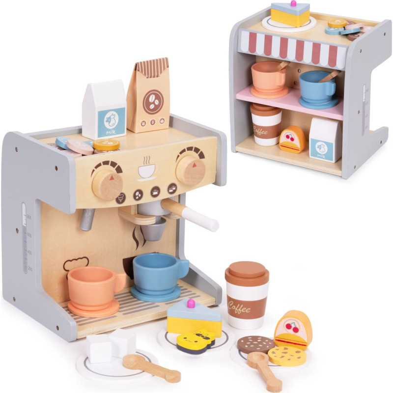 Ecotoys Wooden Coffee Maker for Children 2-in-1 Shop Barista Set 26 Accessories ECOTOYS