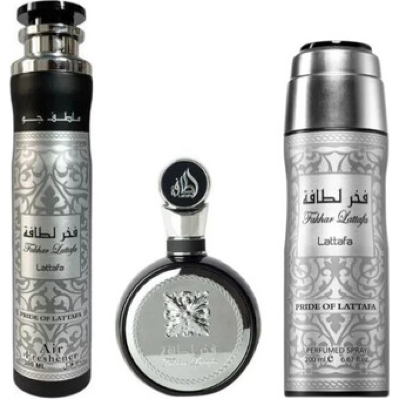 Lattafa Perfumes Fakhar Lattafa Black D&aacute;rkov&aacute; sada EDP 100 ml, deospray 200 ml a bytov&aacute; vůně 300 ml