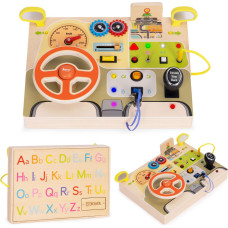 Ecotoys Wooden LED Sensory Busy Board for Children Educational Panel Car Steering Wheel 14 Pieces