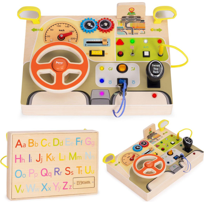 Ecotoys Wooden LED Sensory Busy Board for Children Educational Panel Car Steering Wheel 14 Pieces