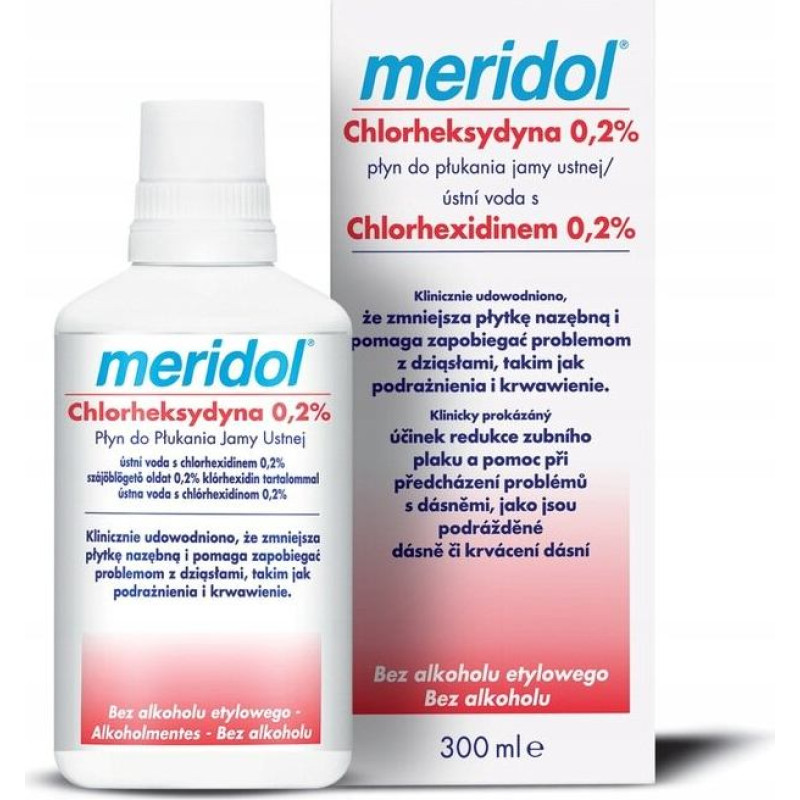 Mutes skalošanas līdzeklis „meridol Chlorhexidine 0,2%“ 300 ml intensīva smaganu kopšana un aplikuma kontrole