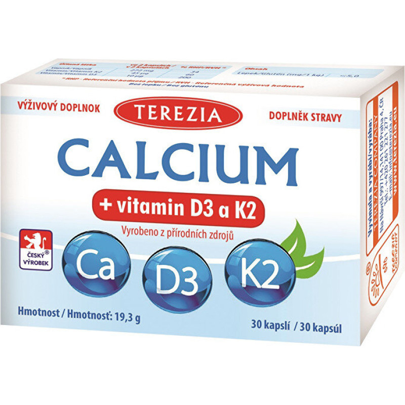 Uztura bagātinātājs Calcium + Vitamins D3 And K2, Terezia, 30 kaps.