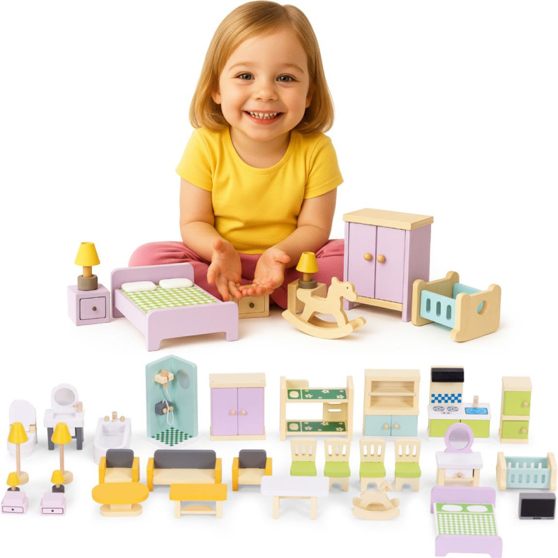 Multistore Wooden dollhouse furniture accessories set 30 pieces