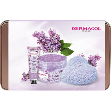 Komplekts Dermacol Lilac Flower Care: roku krēms 30 ml + ķermeņa skrubis 200 g + aromātiskā svece