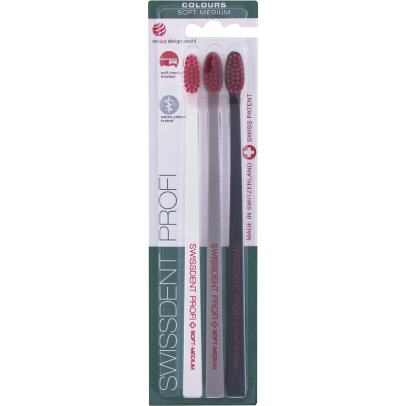 Zobu birstes Swissdent Profi Colours Soft Medium Trio, 3 gab., melns/balts/pelēks